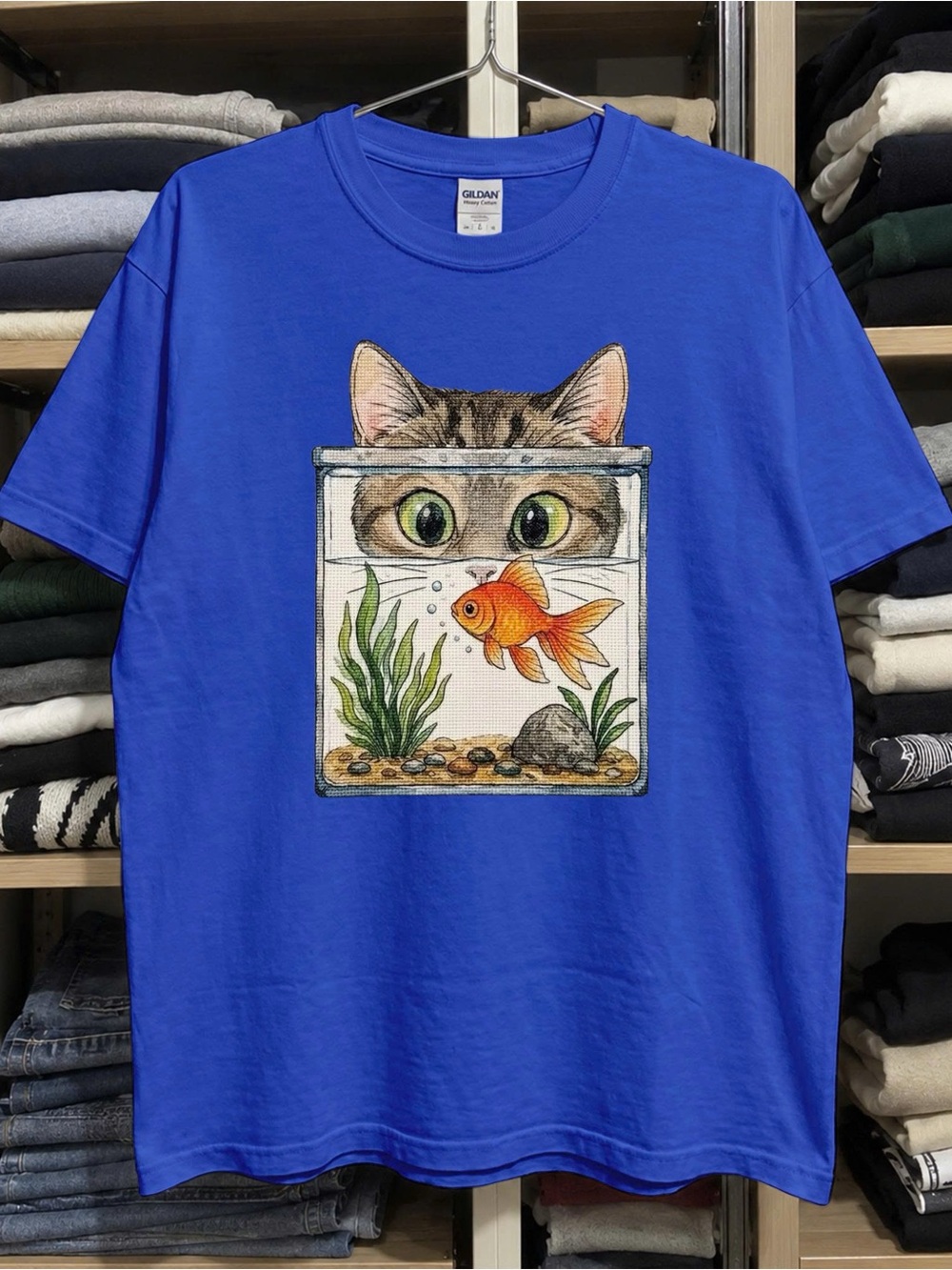 Gildan Royal Blue Tee with Cat Peeking Over Goldfish Bowl Graphic Tee